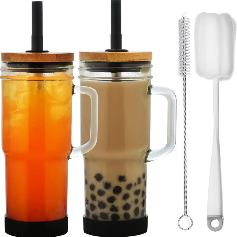 Set of 2 Glass Cups with Lids & Straws for Drinks