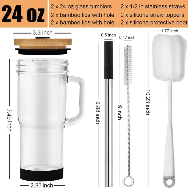 Set of 2 Glass Cups with Lids & Straws for Drinks