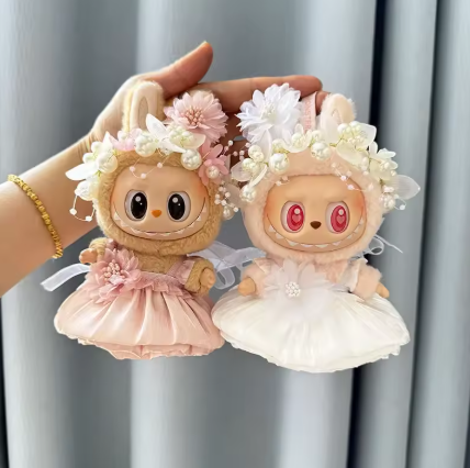 Luxury Plush Wedding Dress for Labubu Dolls with Flower Hat