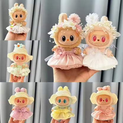 Luxury Plush Wedding Dress for Labubu Dolls with Flower Hat