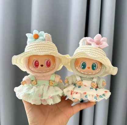 Luxury Plush Wedding Dress for Labubu Dolls with Flower Hat