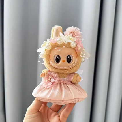 Luxury Plush Wedding Dress for Labubu Dolls with Flower Hat