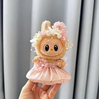Luxury Plush Wedding Dress for Labubu Dolls with Flower Hat